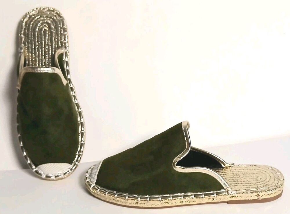 Olive Suede Espadrille Mules Gold Trim Slip On Slides Boutique Boho Luxe Size 8
